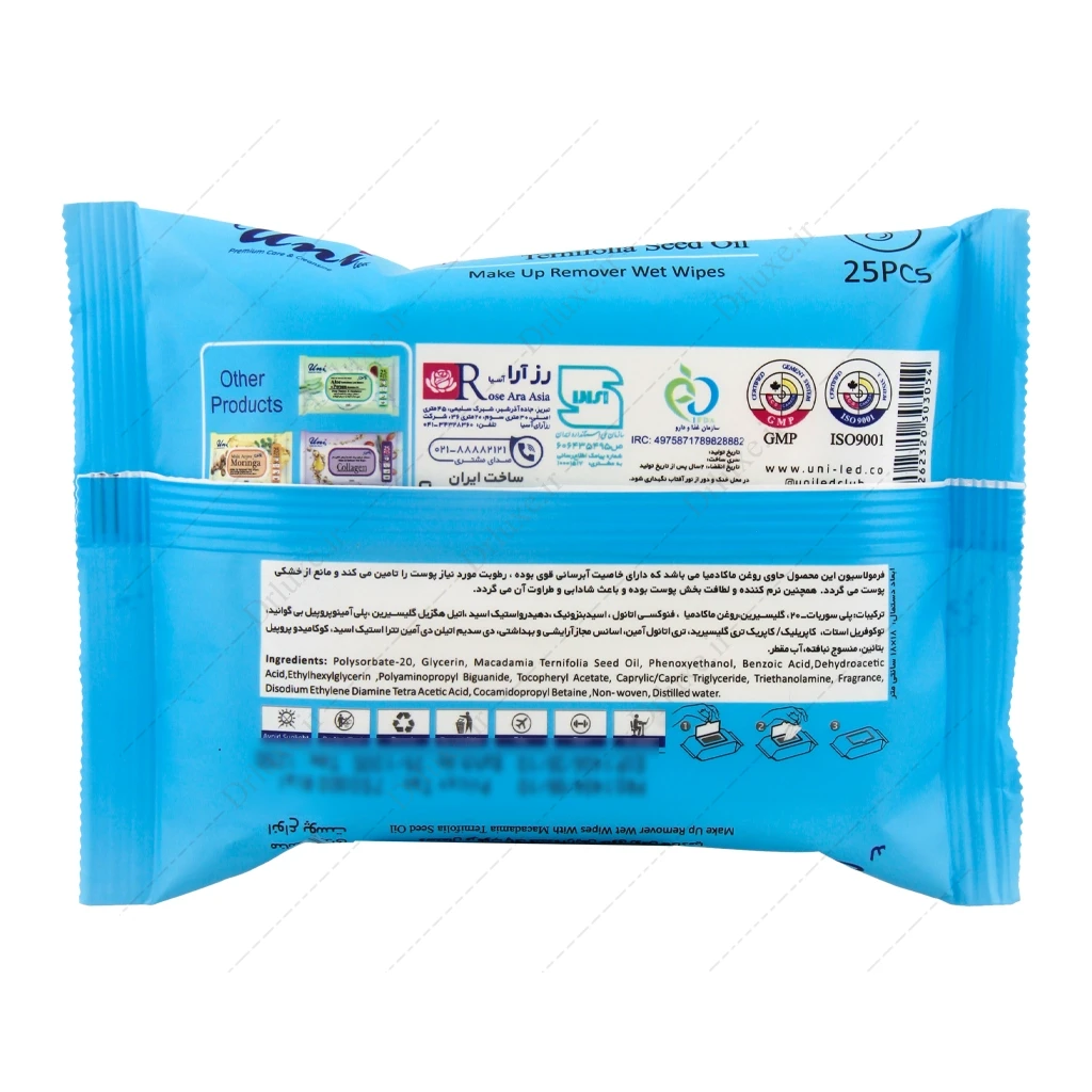 دستمال مرطوب پاک‌کننده آرایش یونی‌ لد حاوی روغن ماکادمیا 25 عدد